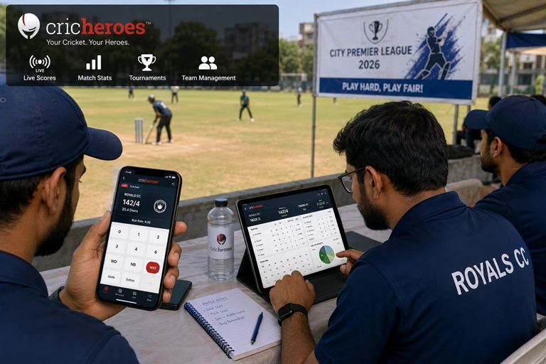Cricketers using CricHeroes during a local cricket tournament