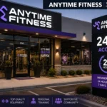 Exterior view of an Anytime Fitness gym with 24-hour access signage