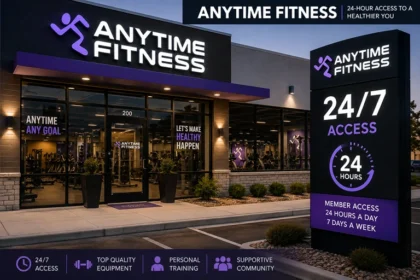 Exterior view of an Anytime Fitness gym with 24-hour access signage