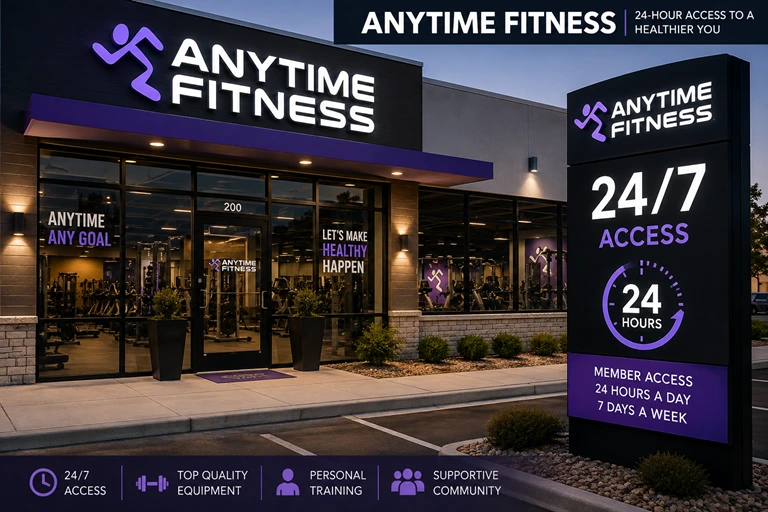Exterior view of an Anytime Fitness gym with 24-hour access signage