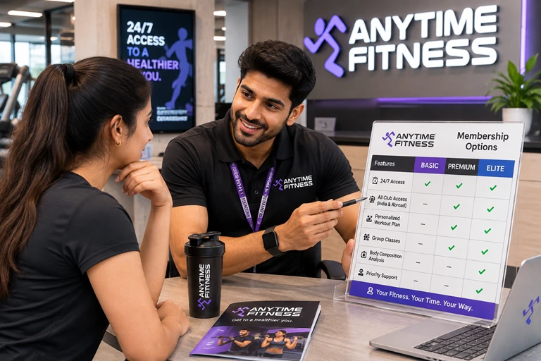 Gym member discussing Anytime Fitness membership options with staff
