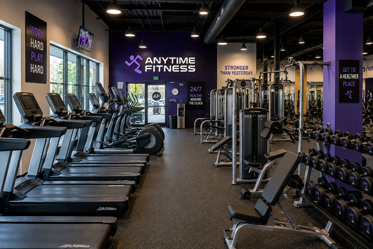 Inside an Anytime Fitness gym showing cardio machines and strength equipment