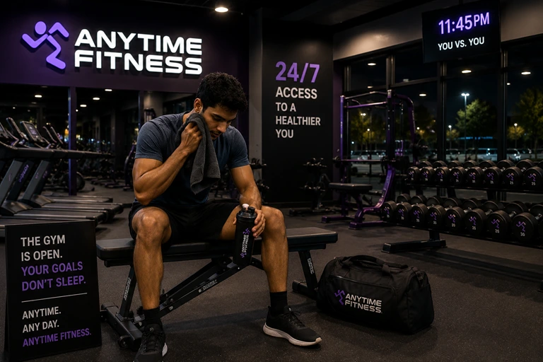 Person completing a workout at Anytime Fitness late at night