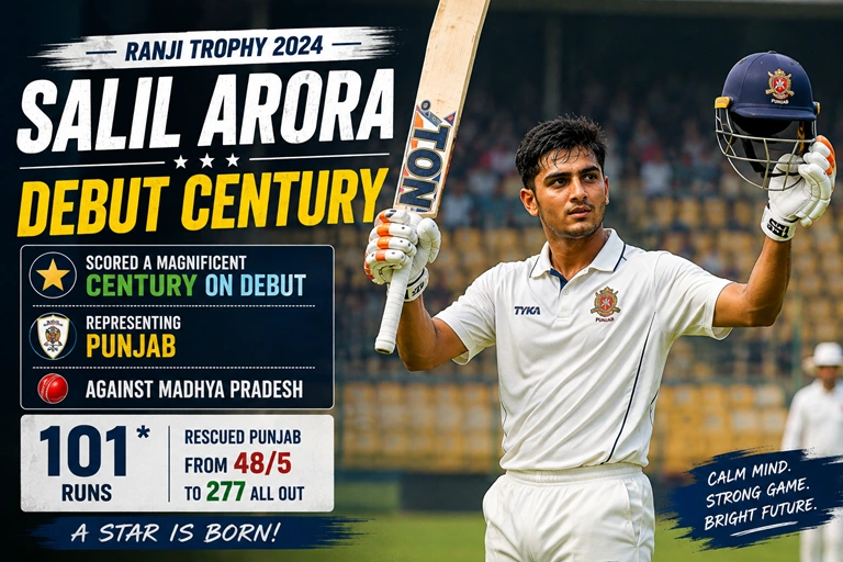 Salil Arora celebrating his century on Ranji Trophy debut for Punjab.