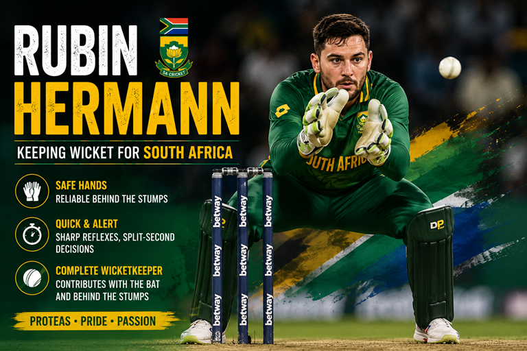 Rubin Hermann wicketkeeping behind the stumps in a T20 International