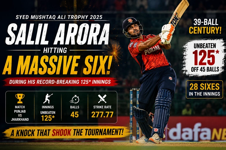 Salil Arora hitting a six during his record-breaking 125 innings